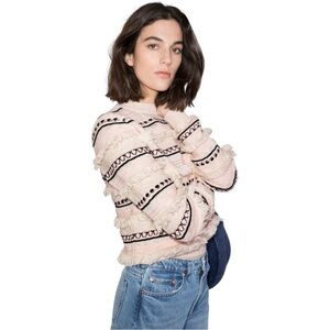 & Other Stories Striped Boho Fringe Textured Knit Cream / Pink Sweater Small